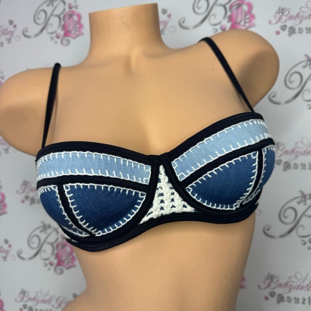 Triangl swimwear top bikini denim jean crochet blue navy cream snap back closure - Picture 4 of 14